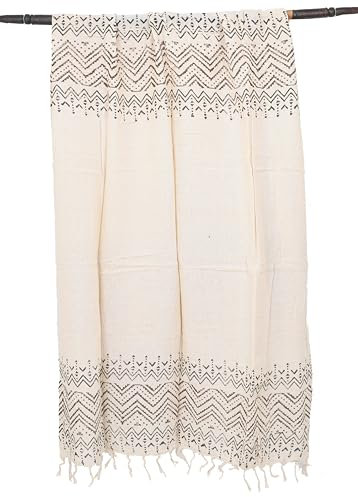 GURU SHOP Indisches bedrucktes Baumwolltuch, leichter Blockprint Schal, Sarong, Strandtuch - helles beige/schwarz/Sarongs & Tücher