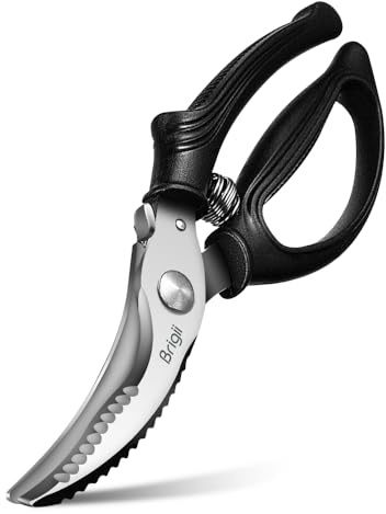 Brigii Kitchen Shears, Stainless Steel Heavy Duty Poultry Shears, Multi-Purpose Kitchen Scissors for Cutting Chicken, Fish, Seafood, and Vegetables, Spring Loaded-KS05Black