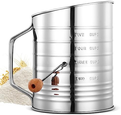 Marstey Stainless Steel Flour Sifter, 5 Cup Rotary Hand Crank Flour Sieve, Fine Mesh Flour Sifter with Capacity Scale for Baking Flour and Powered Sugar
