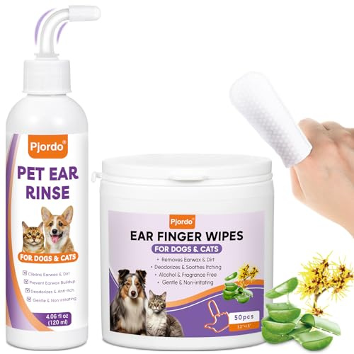 Kit de nettoyant pour oreilles de chien Pjordo - Nettoyant pour oreilles de chien avec aloe vera et hamamélis, lingettes pour doigts pour oreilles de chien et solution nettoyante pour oreilles pour
