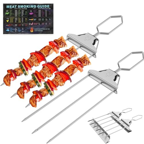 Alongen Juego de 2 brochetas de acero inoxidable para barbacoa, con cepillo de aceite, tabla de barbacoa y soporte pequeño, juego de pinchos de acero inoxidable de 3 vías para barbacoa al aire libre,