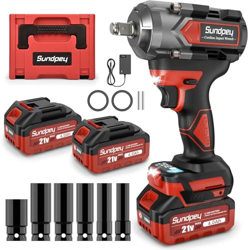 Sundpey Llave de Impacto con Batería de 800 N.m, 1/2 Pistola de Impacto Bateria Brushless con 2 * 4000mAh Baterías, 6 Enchufes y Cargador Rápido 21V Destornillador de Impacto para Coches Camiones