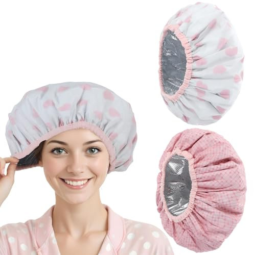 JJUNW Deep Conditioning Hair Cap, 2 Stück Duschhaube für Damen, Wasserdichte und Wiederverwendbare Duschhauben Haarhaube Färben für Mädchen Dame Schütze Die Haare(Streifen+Herzen)