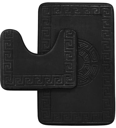 GC GAVENO CAVAILIA Memory Foam Bath Mat Non Slip - Extra Soft Highly Water Absorbent Bathroom Mat Sets 2 Piece - Greek Toilet Rug (50 x 80 cm) & Pedestal Set (50 x 40 cm) - Washable - Black
