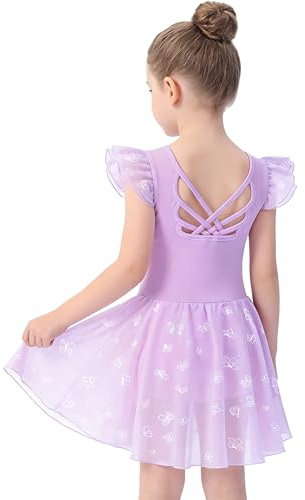 Mecceos Ballet Leotards for Girls Dance Dresses Ballerina Outfits Hollow Back Ruffle Sleeve Butterfly Skirt(Purple, 4-6 Years, MEAM-255)