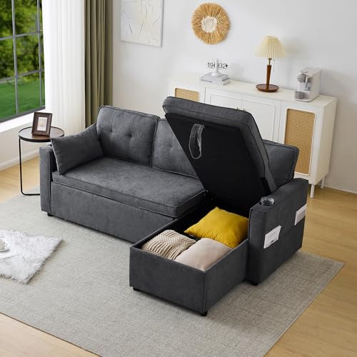 Merax Sofa Ecksofa mit Schlaffunktion, Praktisches Schlafsofa mit Bettkasten, Schlafcouch mit Stauraum, Getränkehalter und Seitentaschen, Modernes L-förmiges Couch für Wohnzimmer, Schlafzimmer, Grau