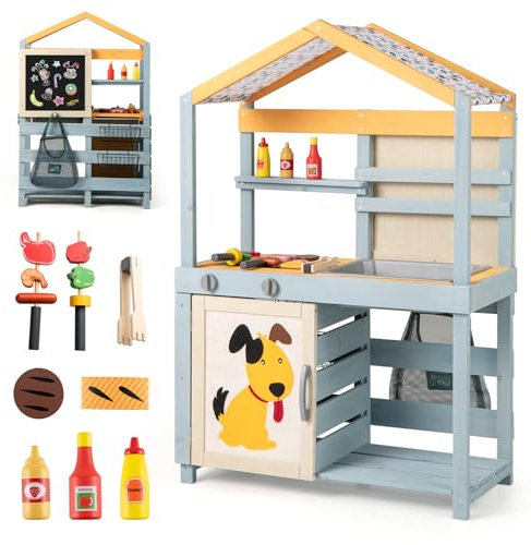 GOPLUS Cuisine d'Extérieur Enfant à Double Face, 2 en 1 Cuisine en Bois Enfant avec Tableau Noir, Four, Auvent, Rangement, Barbecue, Jouet Montessori pour Filles Garçons 3+ Ans