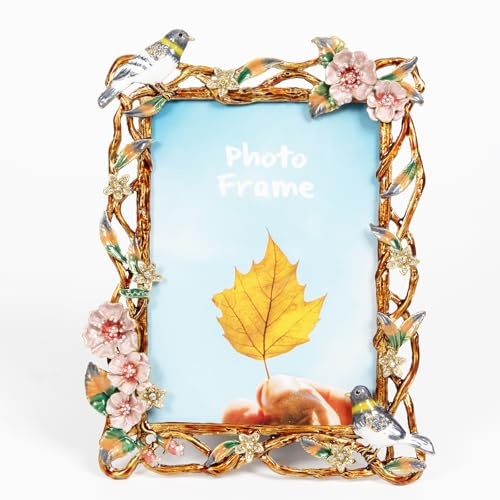 Marco de fotos decorativo, muestra fotos de 5 x 7 pulgadas con parte frontal de cristal HD, marco de fotos rectangular de metal vintage floral para mesa, decoración del hogar