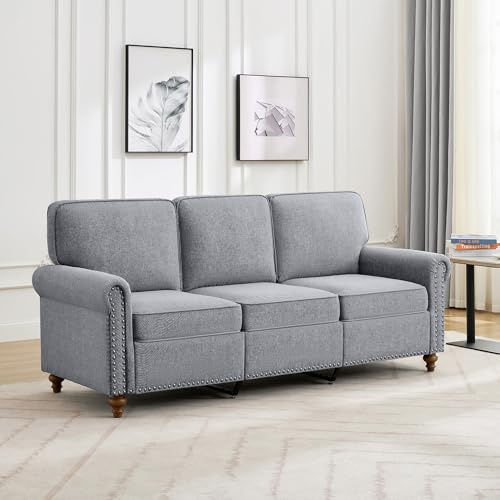 mcc direct 3 Seater Sofa, Couch Linen Fabric Settee for Living Room, Bedroom, Guest Room, Office - Studded (Grey)