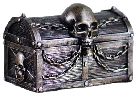 Cassa di pirata - scatola di archiviazione del tesoro vintage con teschio e catene | Porta di gioielli con pirata in resina, grande cassa di binnastica per anelli, monete, perle, organizzatore di gioi