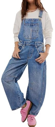 Denimoveraller för damer Breda ben Lös passform Haklapp Jumpsuit Casual Streetwear Justerbar rem Jean Romper med fickor
