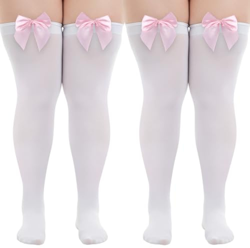 2 Pairs Plus Size Thigh High Stockings, Women Opaque Over Knee Socks with Bow Design, Comfortable Stay Up, High Elasticity White Fishnets Plus Size, Fashionable Over the Knee Sock