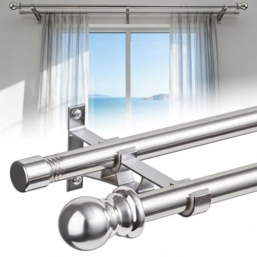 Barras de cortina dobles, barras de cortina dobles resistentes de 1 pulgada, barras de cortina ajustables de 76-110 cm, para puerta corrediza de cristal, patio, dormitorio, color plateado