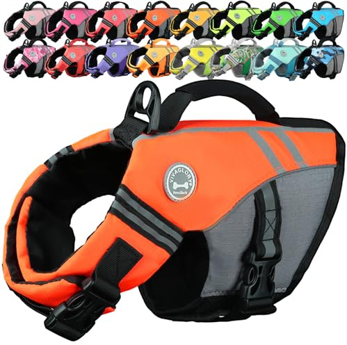 VIVAGLORY Chaleco Salvavidas de Estilo Deportivo para Perros con Flotación Adicional, Chaleco de Natación Ajustable y Duradero para Perros Pequeños, Naranja Brillante
