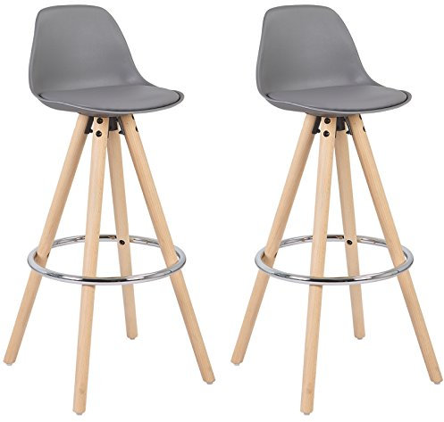 WOLTU Barhocker 2er Set Barstuhl aus Kunststoff Holzgestell mit Lehne + Fußstütze Design Stuhl Küchenstuhl optimal Komfort Grau