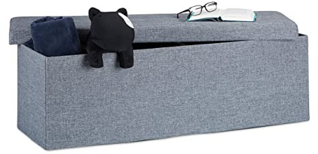Relaxdays Faltbare Sitzbank XXL, Sitzcube mit Stauraum, Sitzwürfel aus Leinen, mit Deckel, HBT 38x114x38 cm, dunkelgrau