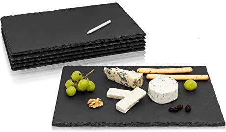 Amazy | Plato de Pizarra Rectangular (6 Piezas) con bolígrafo de Tiza para Escribir - bandejas Decorativas de Pizarra Natural para Servir Platos y Cubiertos con Gusto (30 x 20 cm)