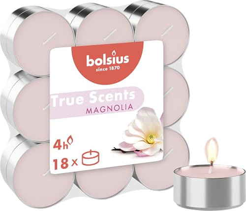 Bolsius - Fragrance Tealights - Magnolia - Pack of 18 - Long Burning Time of 4 Hours - Household Candle - Interior Decoration - Natural Extracts - Includes Natural Vegan Wax - No Palm Oil