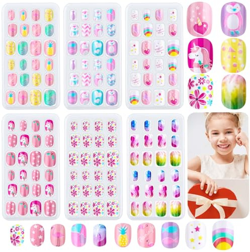144 Pieces Press on Nails Grils, Thrilez Children Fake Artificial False Nail Tips Pre Glue Full Cover Short Acrylic Nails for Girls Kids Nail Art Decoration (Rainbow Sky)