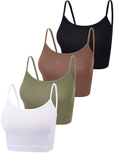 4 Pack Cropped Tank Tops for Women, Spaghetti Strap Crop Top Basic Sports Crop Cami Half Camisoles for Teen Girls (Black, Coffee, Green, White,M)