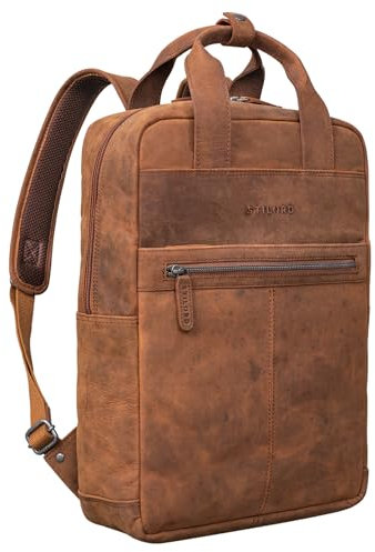 STILORD 'Bryn' Leder Rucksack mit Laptopfach XL Business Rucksack Herren Damen Lederrucksack Groß für 16 Zoll MacBook Trolley Aufsteckbar Vintage Echt Leder, Farbe:tan - dunkelbraun
