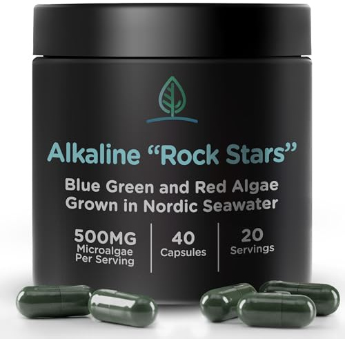 Alkaline Rock Stars Blue Green & Red Algae Supplement - 500mg | Pure Marine Phytoplankton Plus Astaxanthin | Rich in Antioxidants, Chlorophyll, & Vegan Omega 3's | 30 Day Supply (40 Capsules)