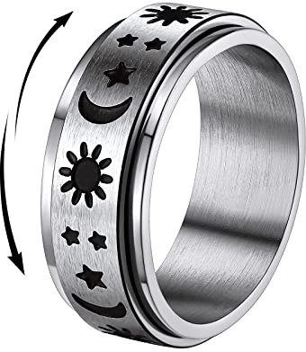 FindChic Anillo Giratorio Spinner Anillo Estrella Luna Sol Girar Duple Capas Anillos Antiestrés Banda Giratoria Acero Inoxidable Plateado Talla 19.5 (59.5mm)