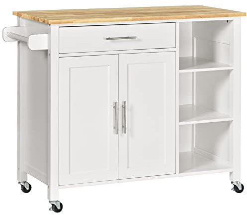HOMCOM Isla de Cocina con Ruedas Mueble Auxiliar de Cocina con 1 Cajón 2 Puertas 3 Estantes Abiertos y Barra Lateral para Comedor 107,5x48x89 cm Blanco