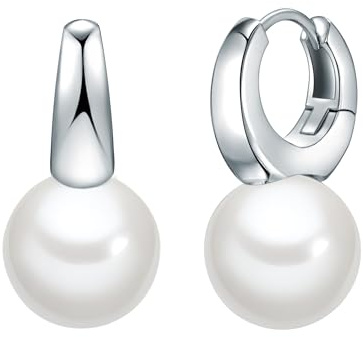 Yokoamii Damen Klappcreolen Messing Silber-Optik Muschelkernperle 12 mm weiß Perlenohrcreolen