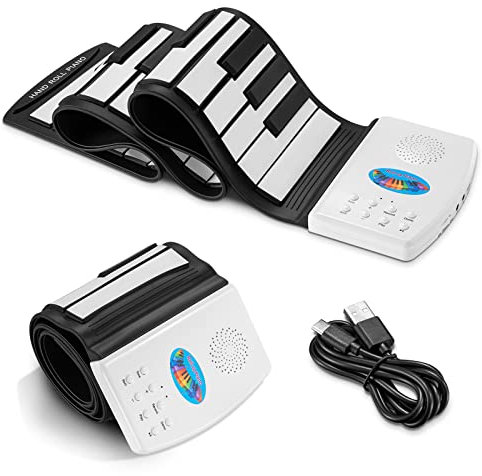 POGOLAB 49 Keys Hand Roll up Keyboard Piano, Digital Electric Folding Piano with 47 Tones 14 Demo 128 Rhymes Microphone Earphones Jack,Portable Rechargeable Mini Silicone Piano for Beginners