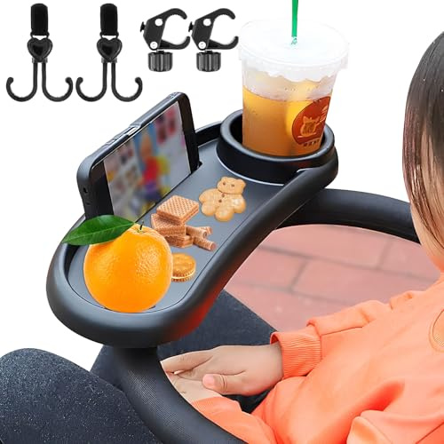 Stroller Snack Tray with Cup Holder Universal Child Snack Tray Removable Multifunction Stroller Organizer with Adjustable Buckle and Hooks Reusable Stroller Snacks Holder for Strollers
