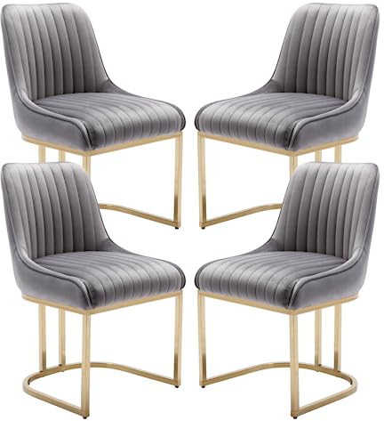 chairus Matstolar, uppsättning med 4 stoppade skrivbordsstolar i sammet med metallben, armlösa stolar för sovrum (grå-4) | Stoppad stol med ryggstöd köksstolar med gyllene metallben modern design stol för matsal/vardagsrum