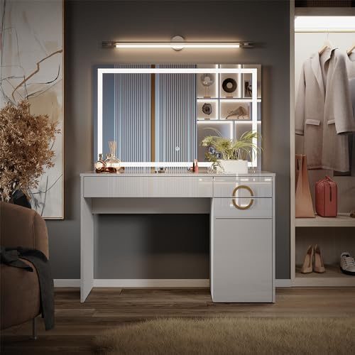 Vicco Tocador Adela, Blanco Alto Brillo, 115 cm con Espejo LED