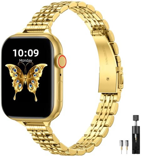 Maledan Metallrem kompatibel med Apple Watch, 40/41/38 mm för kvinnor/män, ersättningsband i justerbart rostfritt stål för iWatch serie 1–9, SE 2/1, Ultra 2/1, guld