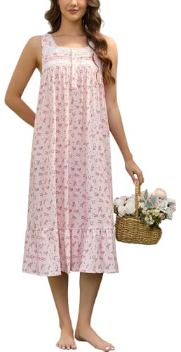 Rubehoow Chemise de nuit pour femme sans manches en coton - Robe de maison longue avec boutons - Chemise de nuit douce avec poches, M