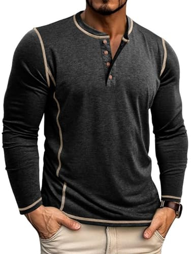 LAOARA T Shirt Manche Longue Homme Tee-Shirt Long Coton Henley T-Shirts Col Roulé Casual Tshirt Noir 2XL