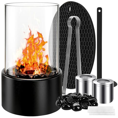 Tischkamin,Tischfeuer mit Deko Steinen und 2 Brennkammern für Unendliche Brenndauer,Bio Ethanol Kamin Set Indoor & Outdoor Balkon Deko,Feuerstelle Kleiner Kamin Rauchfrei