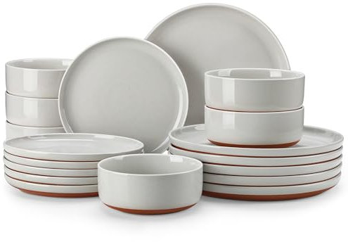MALACASA, Série TARA, 18 Pièces Service de Vaisselle pour 6 Personnes en Grès | Ensemble de Vaisselle à Pois de Sésame | Service d'Assiettes et Bols | Va au Lave-vaisselle | Gris Clair et Fond Khaki