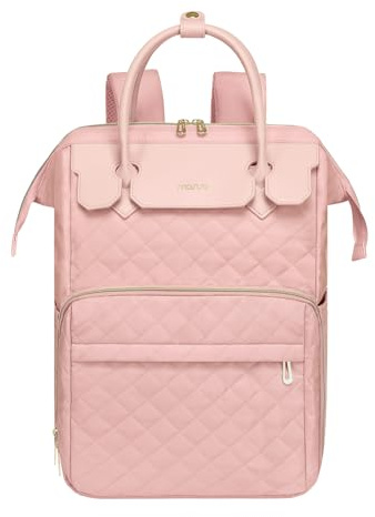 MOSISO Laptop-ryggsäck för kvinnor män 15,6 tum, 15-16 tum laptopväska romb quiltad flyggodkänd resa med PU-handtag, ryggsäcksväska ryggsäck med USB-port för college arbete affärer, rosa