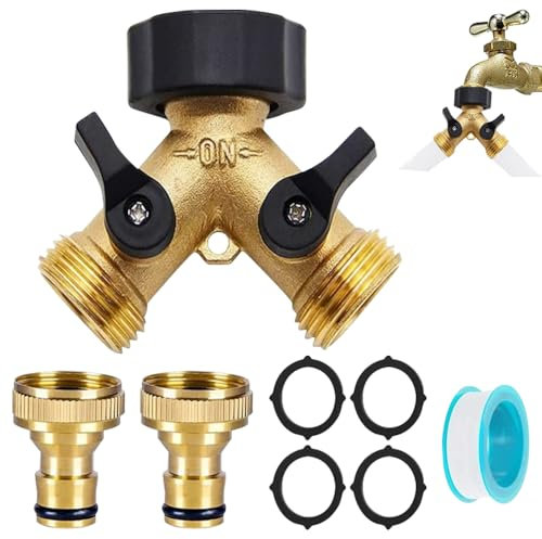 LYPPUL 2 Way Garden Hose Splitter, Double Way 3/4 Hose Connector, Y Valve 2-Way Tap Connector with Individual On/Off and Two Quick Connector, Brass Hose Connector