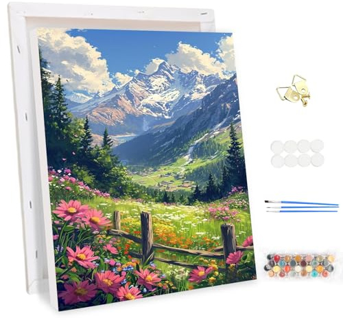 MEIYUDA Pintar por Numeros Adultos con Marco Valle de las Flores, Cuadros por Numeros Pigmento Acrílico, DIY Pintura por Numeros Kit Manualidades, Decoración para el Hogar Regalo de pared 30x40cm