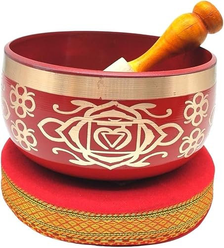 Tibetan Rot Singing Bowl Set mit Klöppel & Kissen - Handgefertigte Klangschale für Meditation, Klangtherapie, Yoga spirituelle Praktiken | Geschenkbox aus Lokta-Papier Mit Kajal