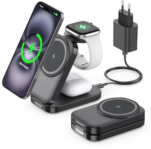 Ladestation kompatibel mit Apple Watch und iPhone,Super Tragbar Magsafe Ladegerät für iPhone 16 15 14 13 12 Serie, 3 IN 1 Mag-Safe Ladestation für Apple Watch AirPods Pro Serie (Schwarz)
