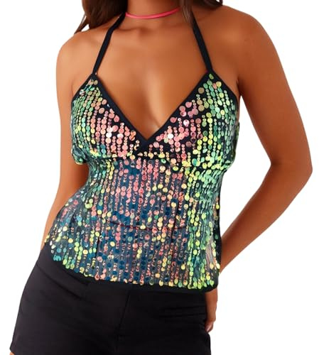 XIXIMAON Débardeur à Paillettes Femme Haut Sexy à Sequins Brillants Top Dos Nu Col en V sans Manches pour Soirée Disco Fête Y2K Clubwear