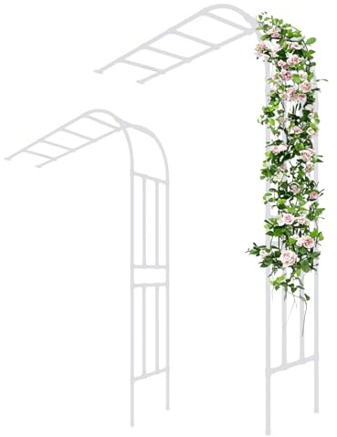 Grand treillis en arc de rose pour plantes grimpantes, hauteur 240 cm, largeur 60 cm, support métallique durable pour la décoration de jardin et d'extérieur, finition blanche, idéal pour les roses et