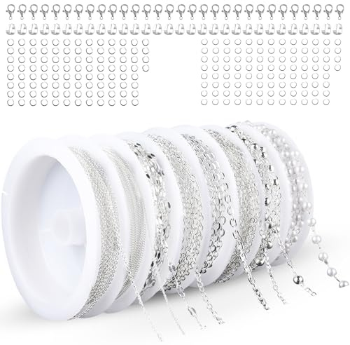 QinyOulhause Länkkedja 17 m, 8 hjul, smyckeskedja, silver för gör-det-själv-halsband med hoppringar, karbinhake, smyckekedjor för pyssel som metervara