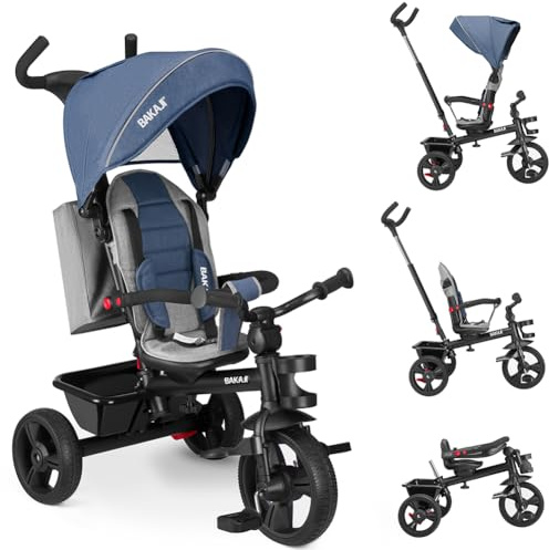BAKAJI Triciclo Passeggino 4 in 1 per Bambini, Pedali o Manico Antiscivolo Ergonomico per Spinta, Sediolino Imbottito, Cinture di Sicurezza, Asta Direzionabile, Tettuccio Cappottino Parasole (Blu)