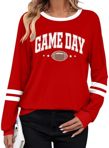Football Shirts for Women Game Day Shirt Football Season Long Sleeve Shirt Gameday Graphic Tees Casual Team Fan Tops Red