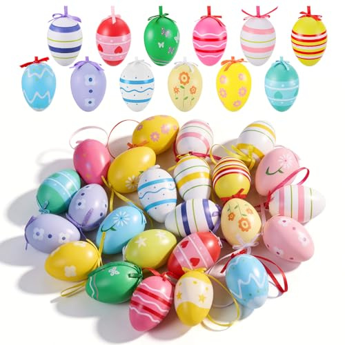 Starvortex 24 Piezas Huevos de Pascua Colgantes Impresos, 6cm Huevos de Plástico para Decoración de Pascua, Adornos Colgantes para Árboles y Adornos para Cestas de Exterior, para la Caza de Huevo de