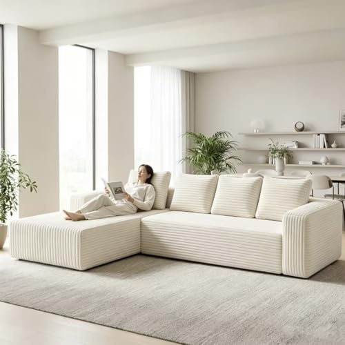 Yihomfy Canapé d'angle 261x145cm en Velours Côtelé - Mousse à Mémoire et Haute Résilience - Confort Orthopédique et Respirant - Canapé d'accueil Moderne Beige pour Salon